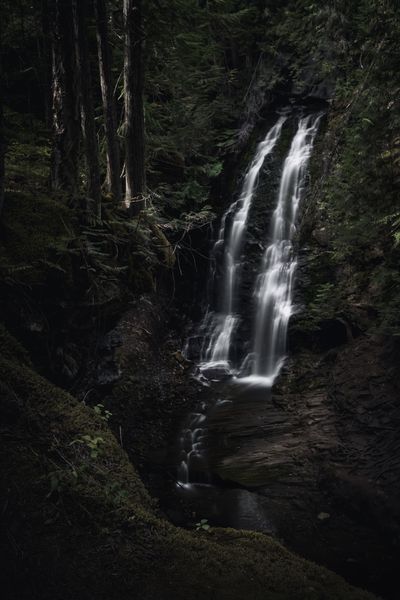 Long exposure twin stream waterfall over a dark cliff in a mossy green forest.