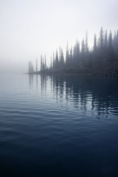 Teal lake with a row of dark pines on the shore and thick fog filling the sky.