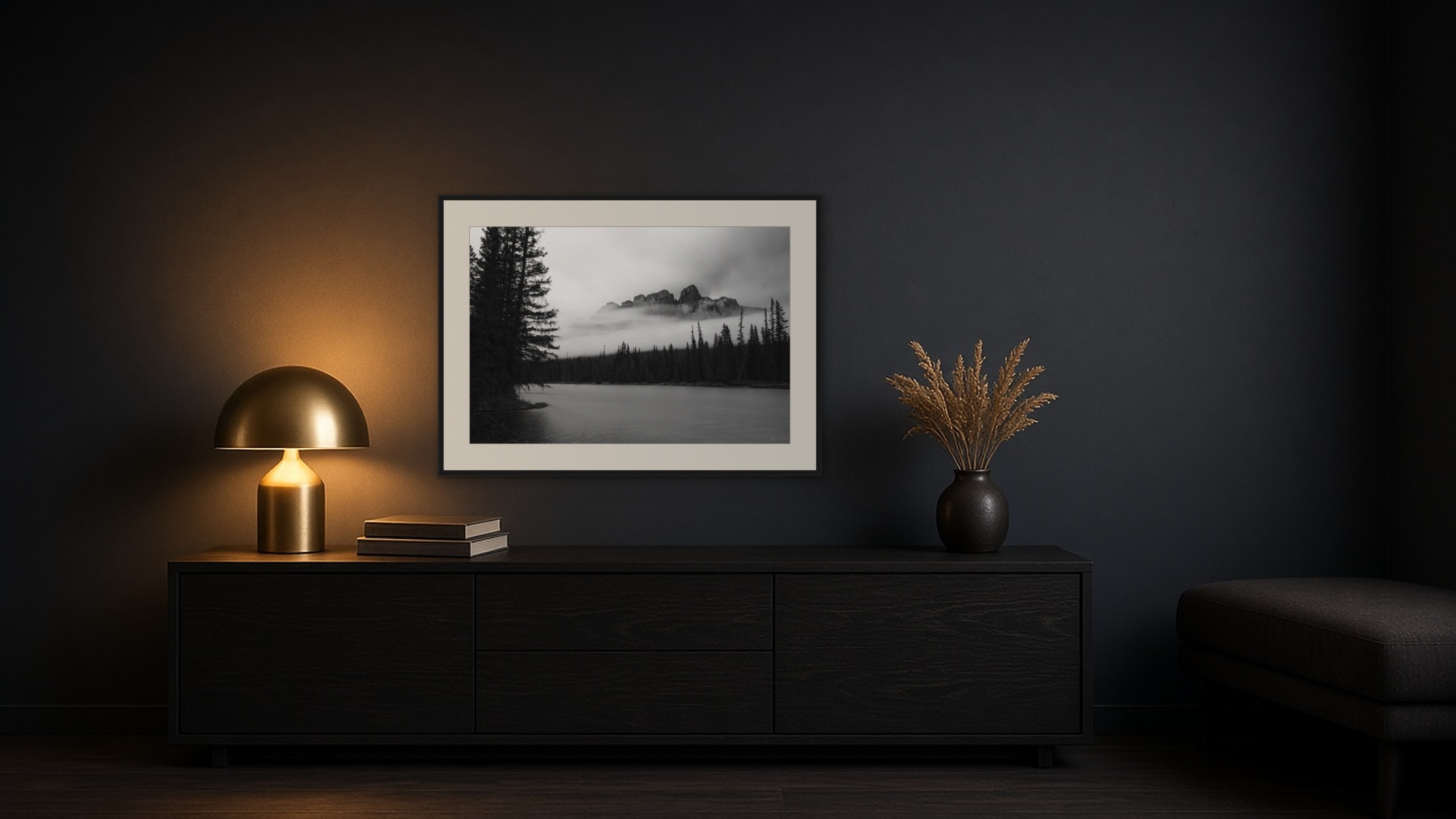 Castle in the Clouds as a framed 16 x 24 inch cotton rag print centred above a black oak sideboard.