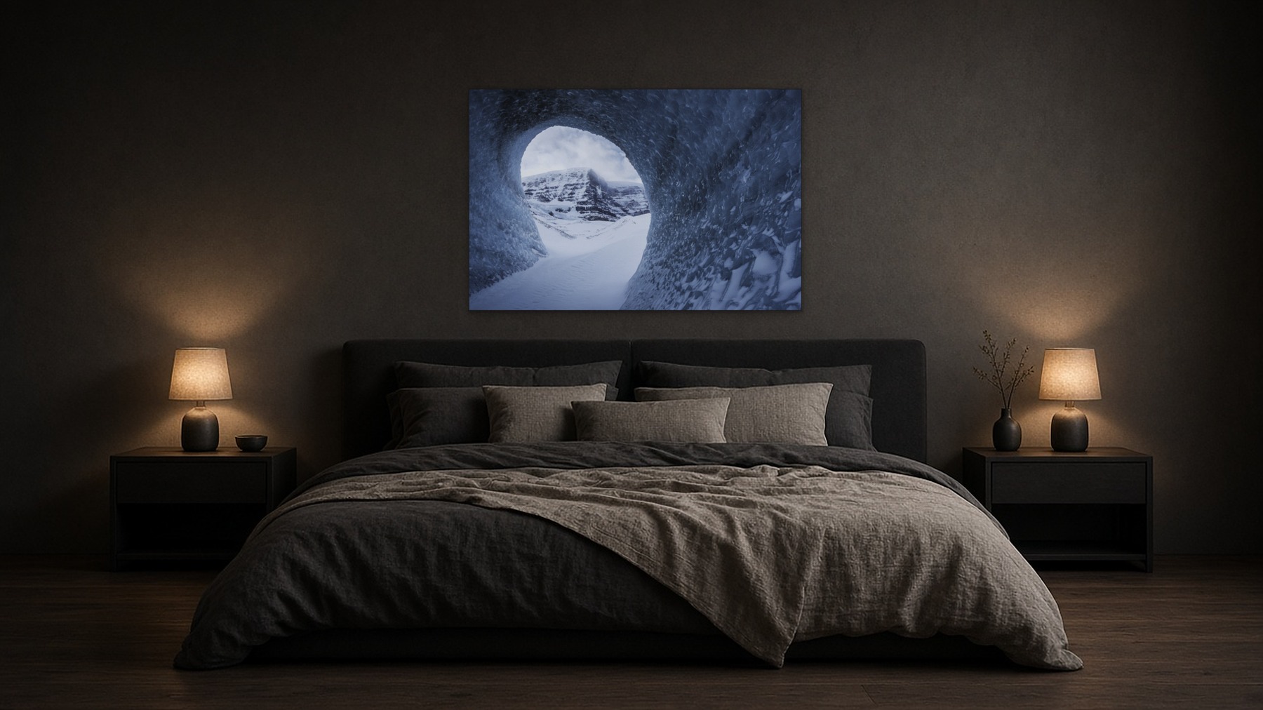 Window to the Dome as a 20 x 30 inch metal print centred above a dark headboard in a charcoal bedroom.